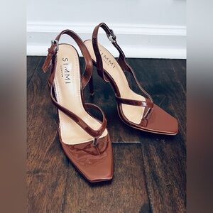 Chantria Brown Patent Square Toe Thong Slingback High Heels SIMMI London 6